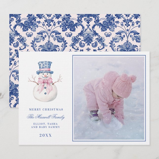 Pink & Blue Grandmillennial Damask Snowman  Photo Invitation (Front/Back)
