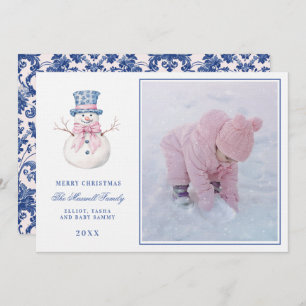 Pink & Blue Grandmillennial Damask Snowman  Photo Invitation