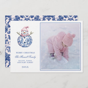 Pink & Blue Grandmillennial Damask Snowman  Photo Invitation