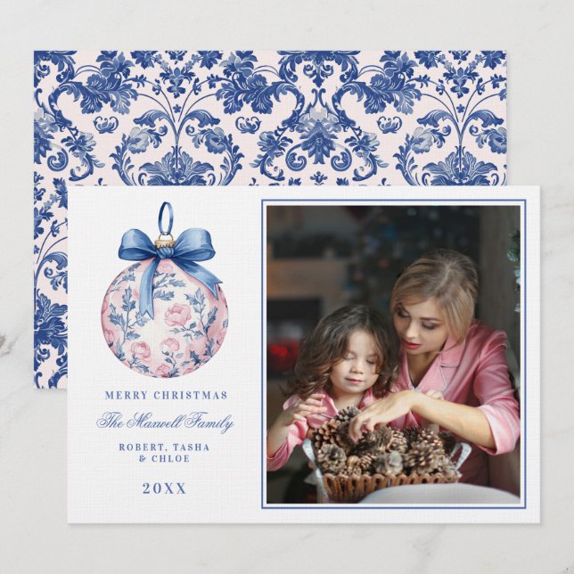 Pink & Blue Grandmillennial Floral Ornament Photo Invitation (Front/Back)