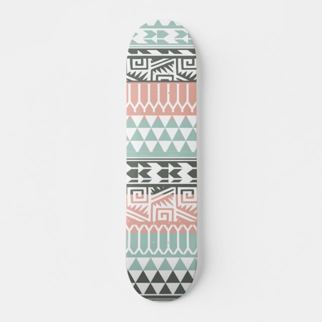 Pink Blue Gray Abstract Aztec Tribal Print Pattern Skateboard Deck (Front)
