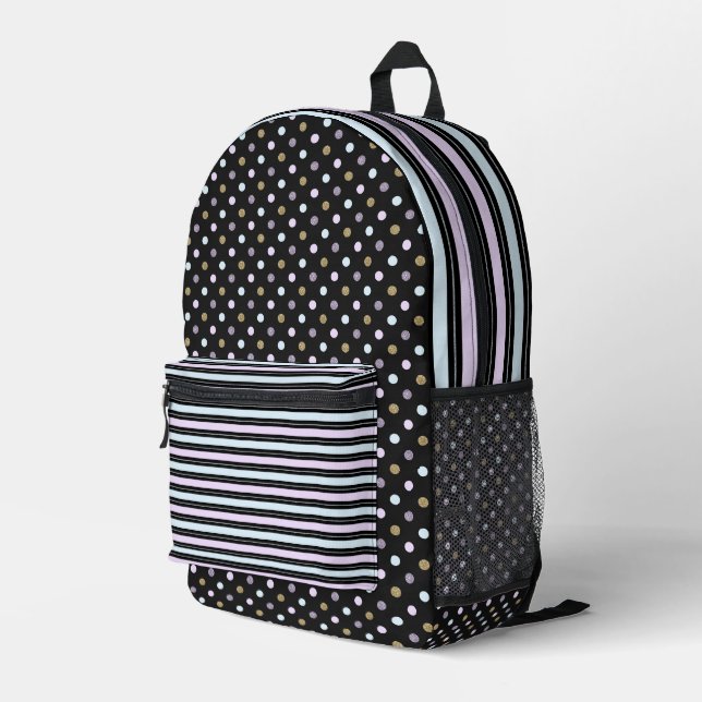 PINK BLUE GRAY BLACK STRIPES & POLKA DOTS PRINTED BACKPACK (Back Corner Right)
