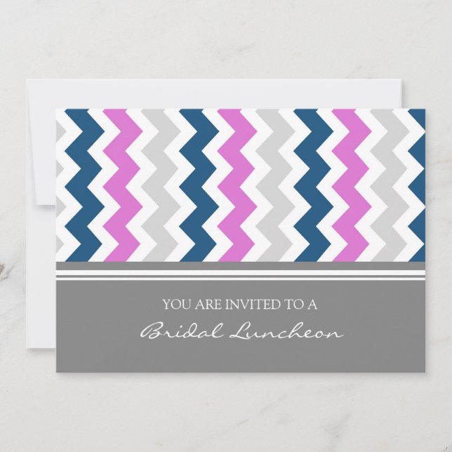 Pink Blue Gray Chevron Bridal Lunch Invitation (Front)