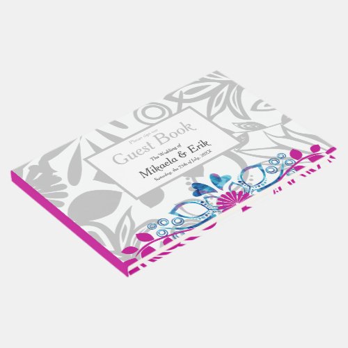 Pink Blue Gray Floral Pattern Guest Book