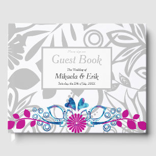 Pink Blue Gray Floral Pattern Guest Book