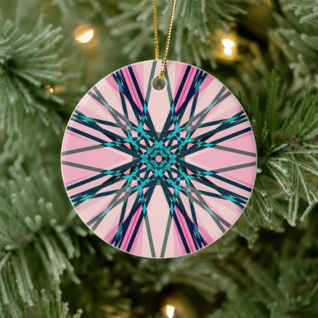Pink Blue Gray Fractal Snowflake Winter Festive Ceramic Ornament (Tree)