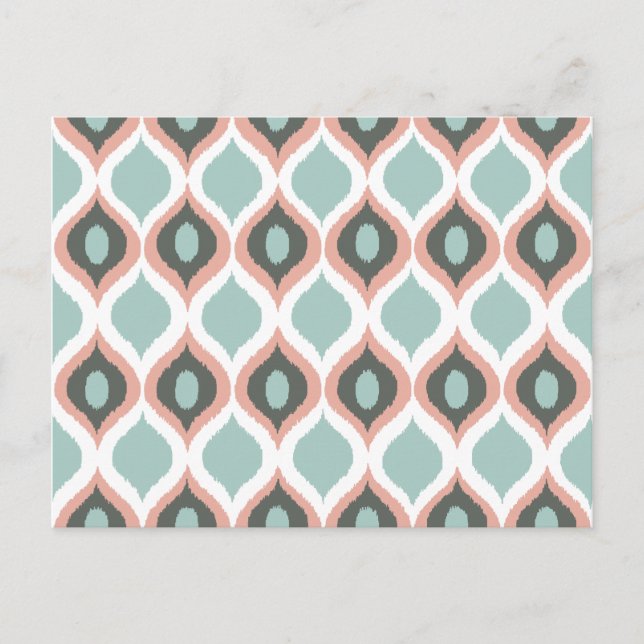 Pink Blue Gray Geometric Ikat Tribal Print Pattern Postcard (Front)