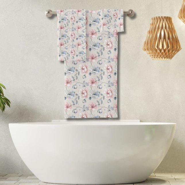 Pink Blue Gray Muted Pastel Florals Shabby Chic Bath Towel Set (Shabby Chic Pink Blue Gray floral bath towel set. Bath towel, hand towel, wash cloth)