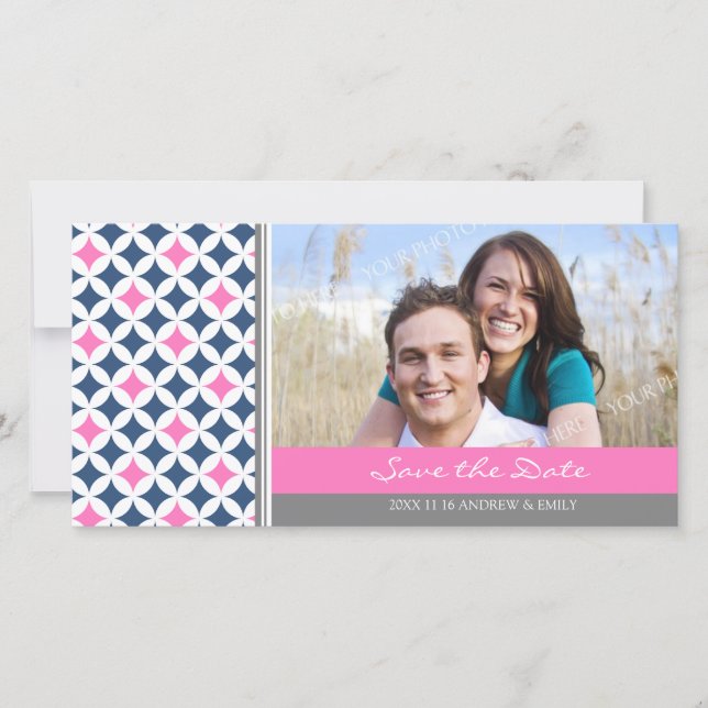 Pink Blue Gray Save the Date Wedding Photo Cards (Front)