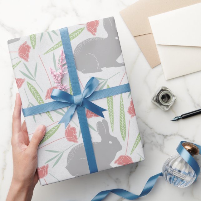 Pink Blue Gray Spring Floral Easter Bunny Pattern Wrapping Paper (Gifting)