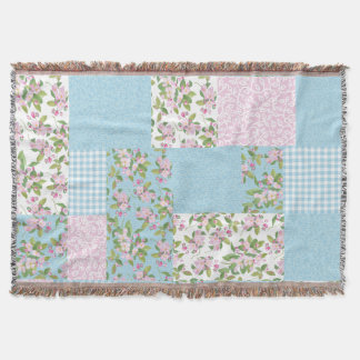 Pink, Blue, Green Apple Blossom Faux Patchwork Throw Blanket
