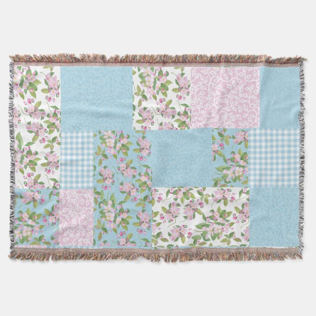 Pink, Blue, Green Apple Blossom Faux Patchwork Throw Blanket (Front)