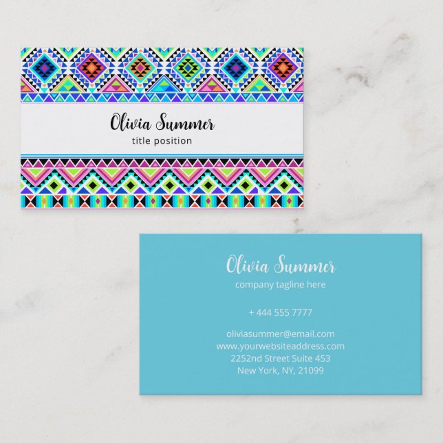 Pink Blue Green Aztec Tribal  Business Card (Front/Back)