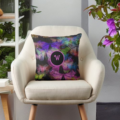 Pink Blue Green Black Butterfly Whispers Initial Throw Pillow