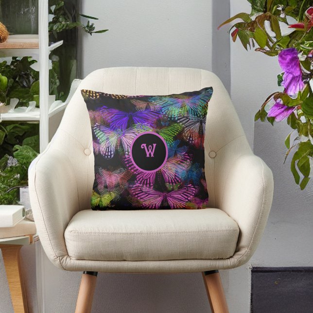 Pink Blue Green Black Butterfly Whispers Initial Throw Pillow (Creator Uploaded)