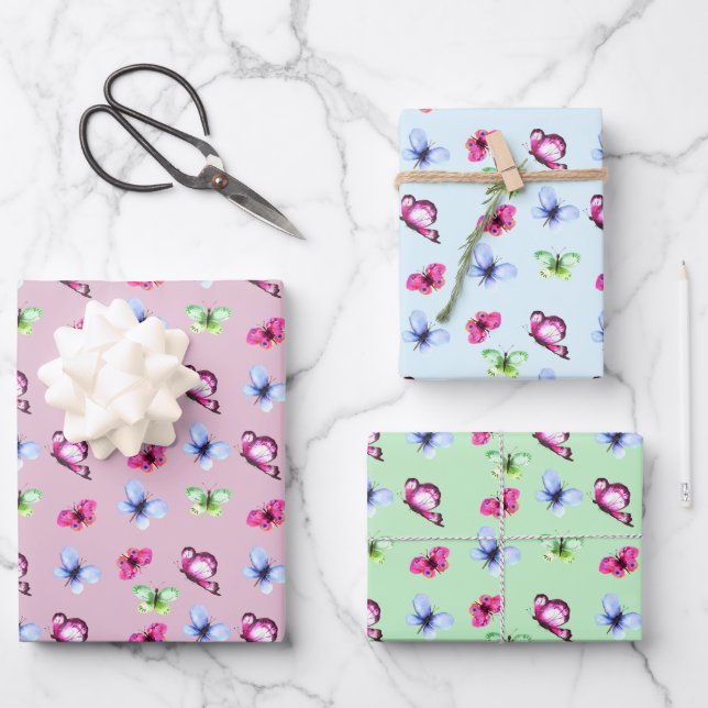 Pink Blue Green Butterfly Baby Shower Birthday Wrapping Paper Sheets (Front)