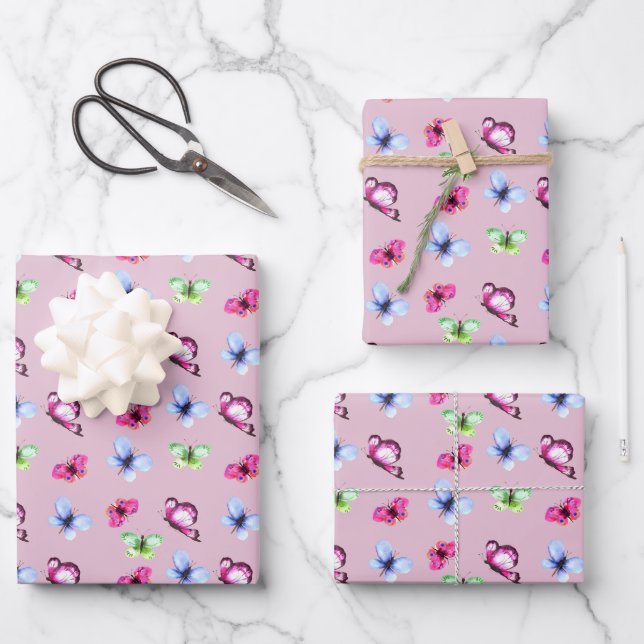 Pink Blue Green Butterfly Baby Shower Birthday Wrapping Paper Sheets (Front)