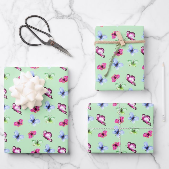 Pink Blue Green Butterfly Baby Shower Birthday Wrapping Paper Sheets (Front)