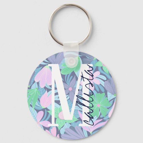 Pink Blue Green Floral Illustration Monogram Keychain