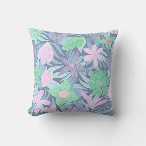 Pink Blue Green Floral Illustration Pattern Outdoor Pillow