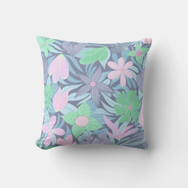 Pink Blue Green Floral Illustration Pattern Outdoor Pillow (Front)