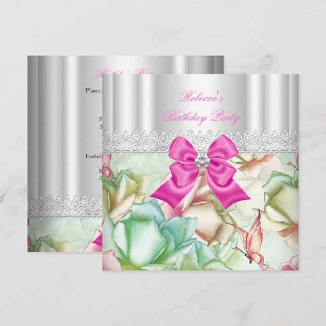 Pink Blue Green Floral Lace Birthday Party Invitation (Front/Back)