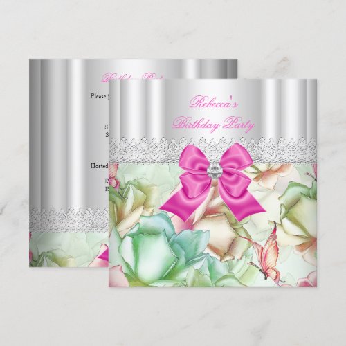 Pink Blue Green Floral Lace Birthday Party Personalized Invitations
