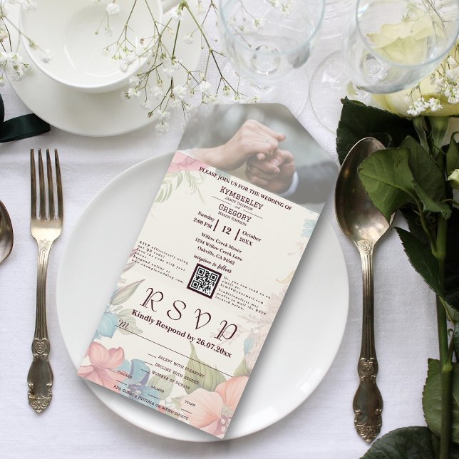 Pink Blue Green  Floral QR Code Photo All In One Invitation (Creator Uploaded)