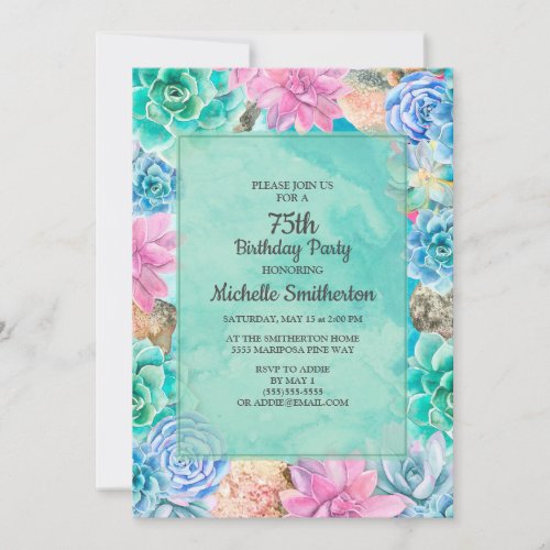 Pink Blue Green Floral Succulents 75th Birthday Invitation