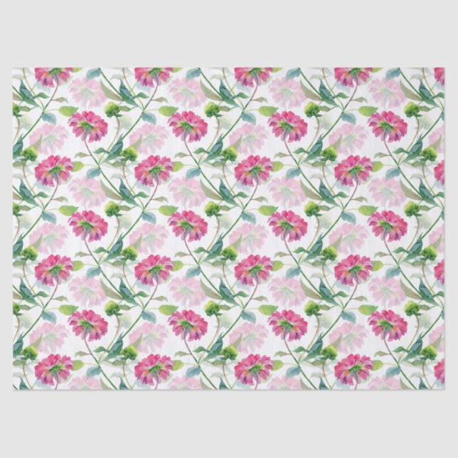 Pink & Blue-green Flowers Watercolors Pattern Tissue Paper (Front)