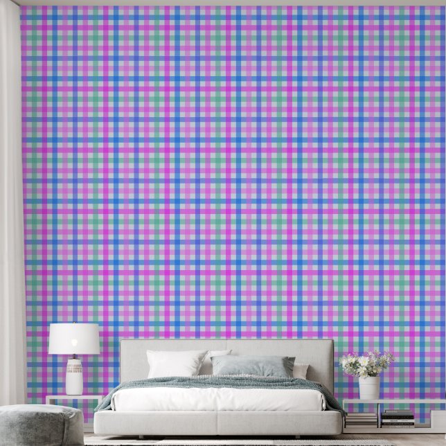 pink blue green gingham wallpaper  (Bedroom)