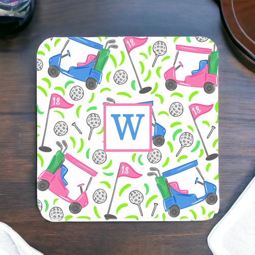 Pink Blue Green Golf Preppy Initial Beverage Coaster