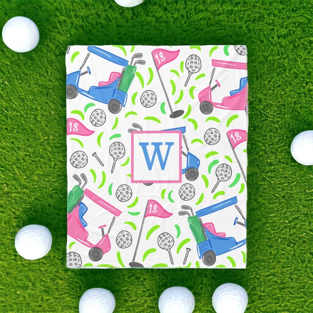 Pink Blue Green Golf Preppy Initial Fleece Blanket (Creator Uploaded)
