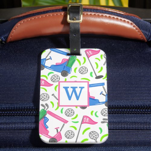 Pink Blue Green Golf Preppy Initial Luggage Tag