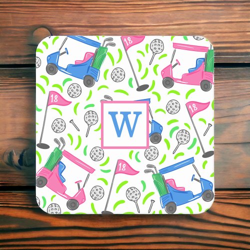 Pink Blue Green Golf Preppy Initial Square Paper Coaster