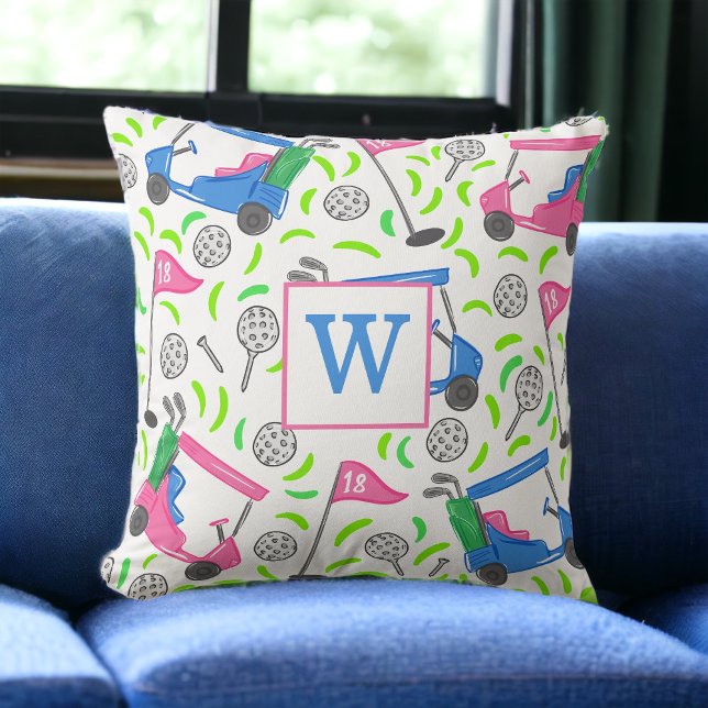 Pink Blue Green Golf Preppy Initial Throw Pillow (Creator Uploaded)