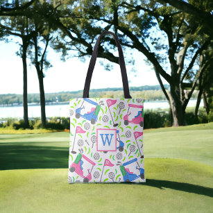 Pink Blue Green Golf Preppy Initial Tote Bag
