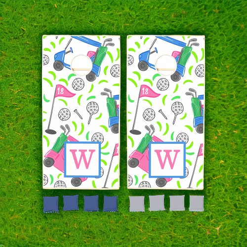 Pink Blue Green Golf Preppy Monogram Cornhole Set