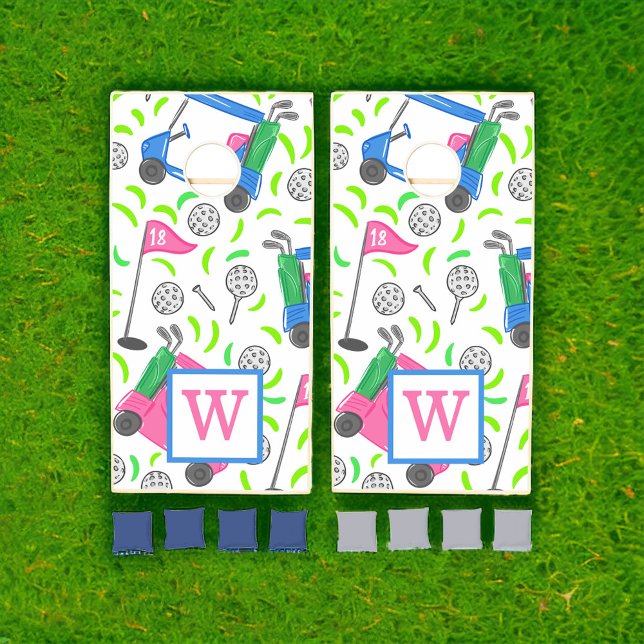 Pink Blue Green Golf Preppy Monogram Cornhole Set (Creator Uploaded)