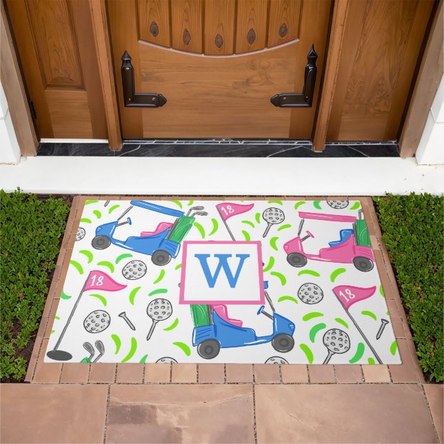 Pink Blue Green Golf Preppy Monogram Initial Doormat (Outdoor)