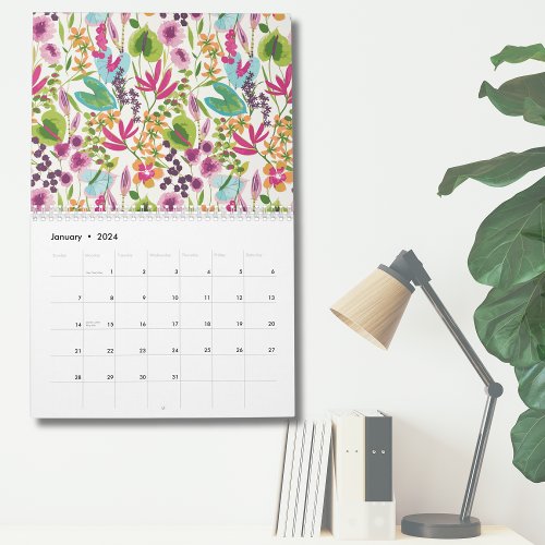 Pink Blue Green Modern Vintage Floral Tropical Calendar