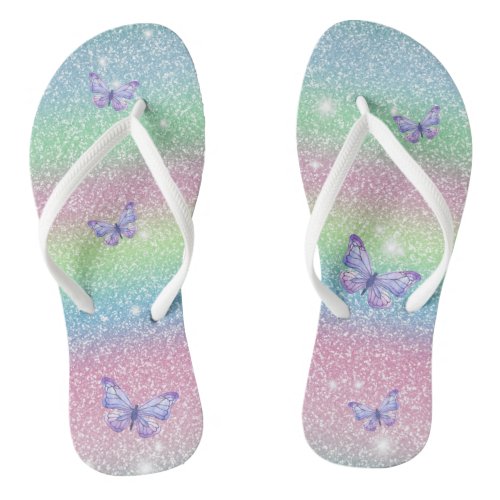 Pink Blue Green Ombre Glitter Butterflies  Flip Flops