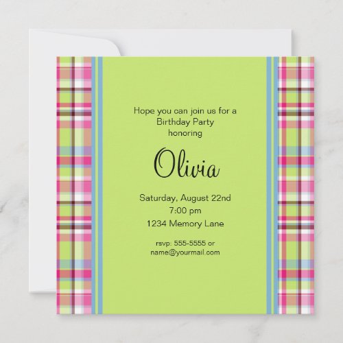 Pink Blue &amp; Green Plaid Birthday Party Invitation