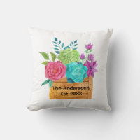 Pink Blue Green Purple Floral Basket Watercolor  Throw Pillow