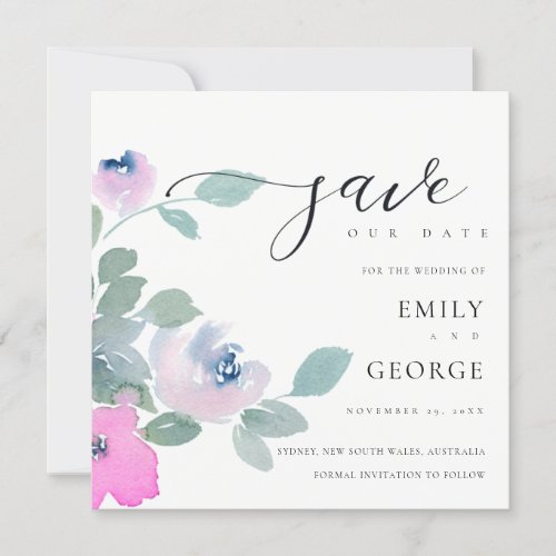PINK BLUE GREEN ROSE FLORAL SAVE THE DATE CARD