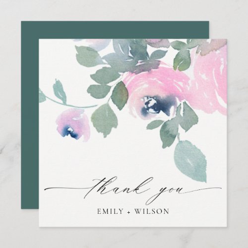 PINK BLUE GREEN ROSE FLORAL WATERCOLOR WEDDING THANK YOU CARD