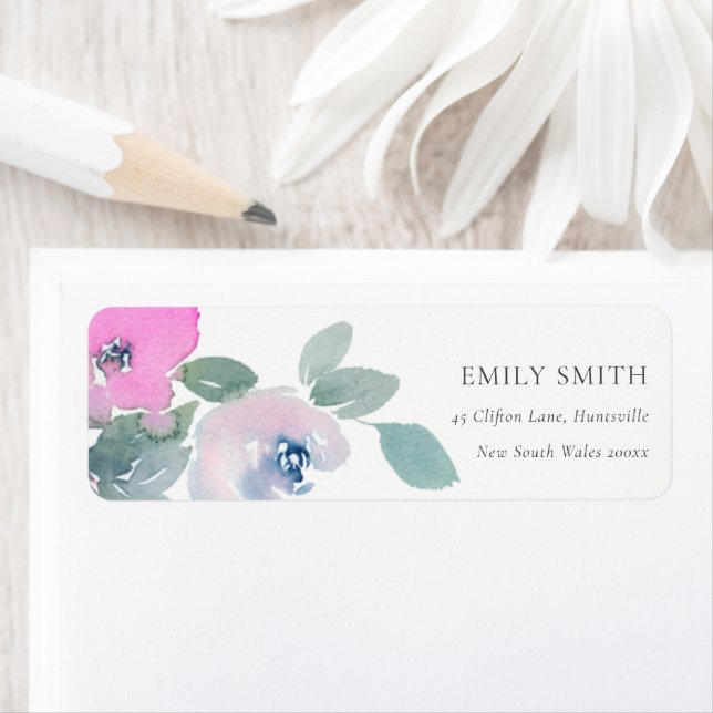 PINK BLUE GREEN ROSE WATERCOLOR FLORAL ADDRESS LABEL (Insitu)