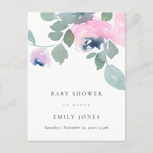 PINK BLUE GREEN ROSE WATERCOLOR FLORAL BABY SHOWER INVITATION POSTCARD