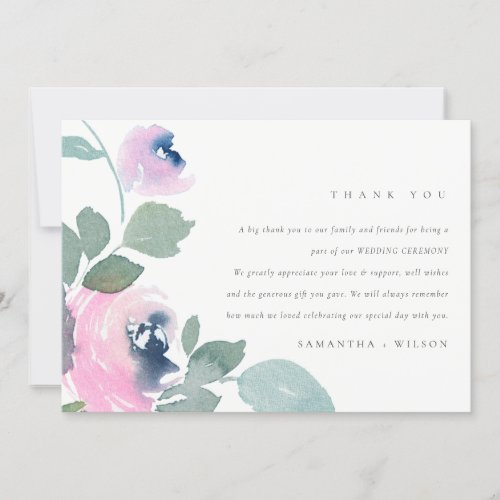 PINK BLUE GREEN ROSE WATERCOLOR FLORAL WEDDING THANK YOU CARD