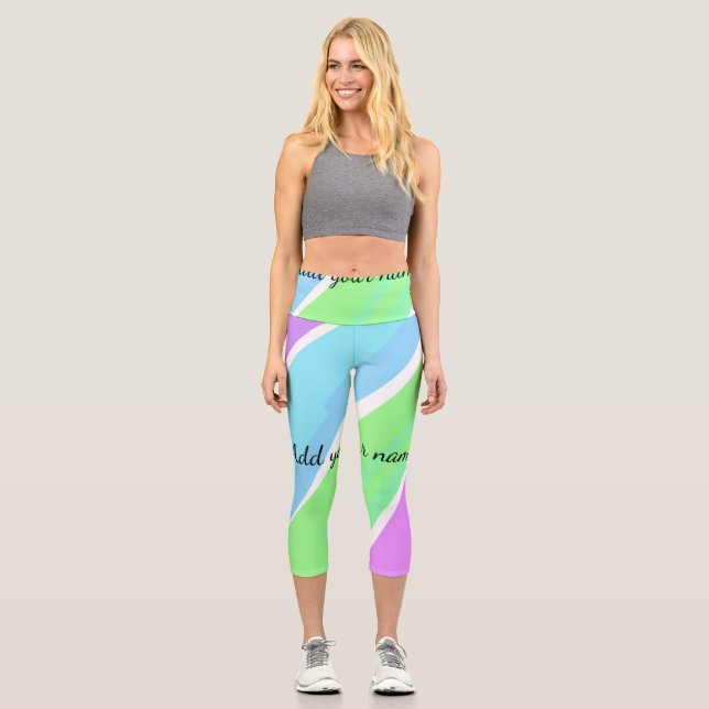 Pink blue green stripes add name text message here capri leggings (Front)